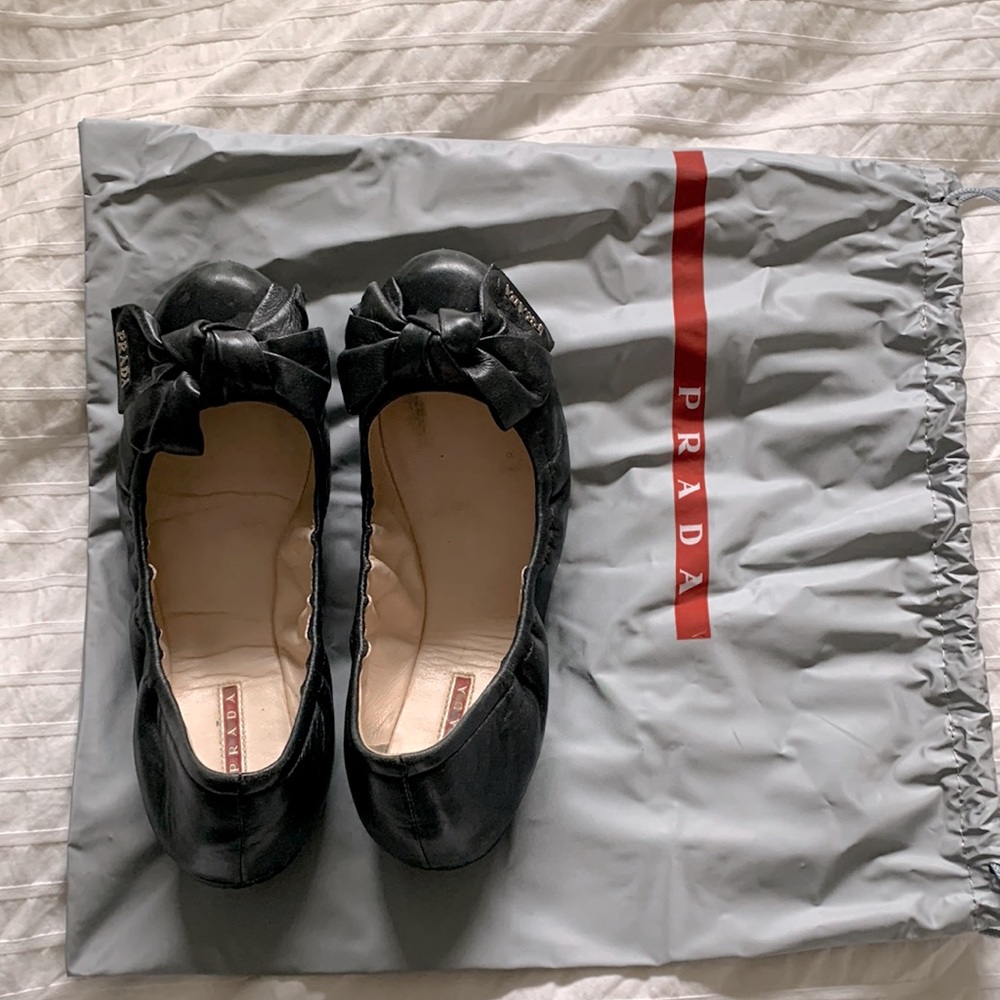 Prada Leather Bow Flats, Size 39.5